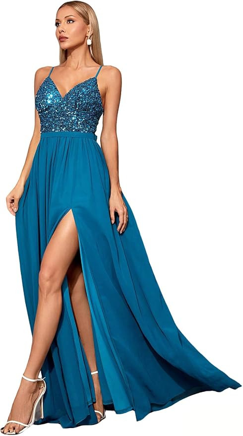 Women's Spaghetti Strap Sequin V Neck with Built-in Bra Contrast Chiffon High Slit Formal Prom We... | Amazon (US)