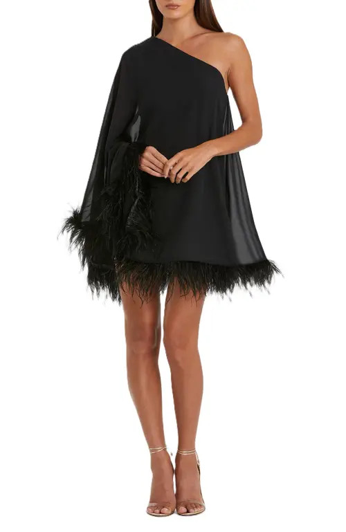 Mac Duggal One Shoulder Trapeze Dress with Feather Trim in Black at Nordstrom, Size 0 | Nordstrom