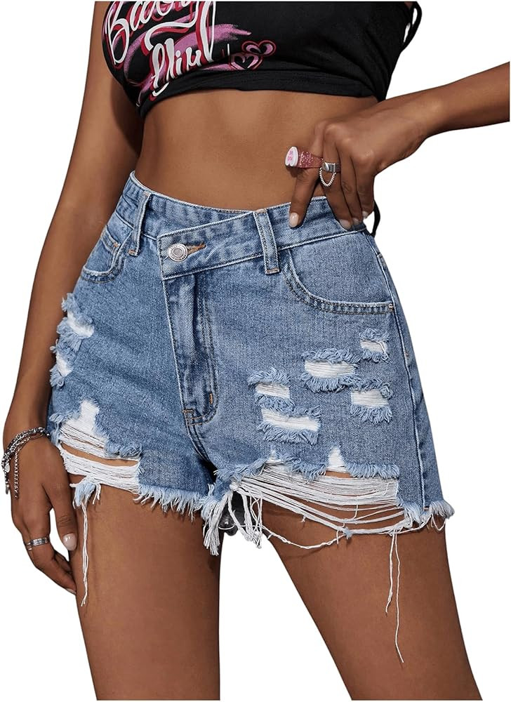 Floerns Women's High Waisted Distressed Denim Shorts Ripped Y2k Mini Jean Shorts | Amazon (US)