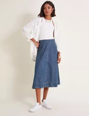 Pure Cotton Denim Midi A-Line Skirt | Marks & Spencer (UK)