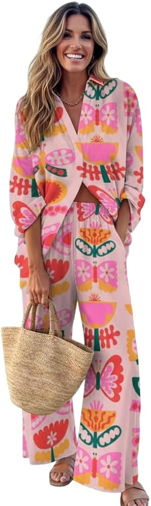 Women's Beach Vacation 2 Piece Outfits Long Sleeve Button Shirt Elastic Waist Wide Leg Pants Casu... | Amazon (US)