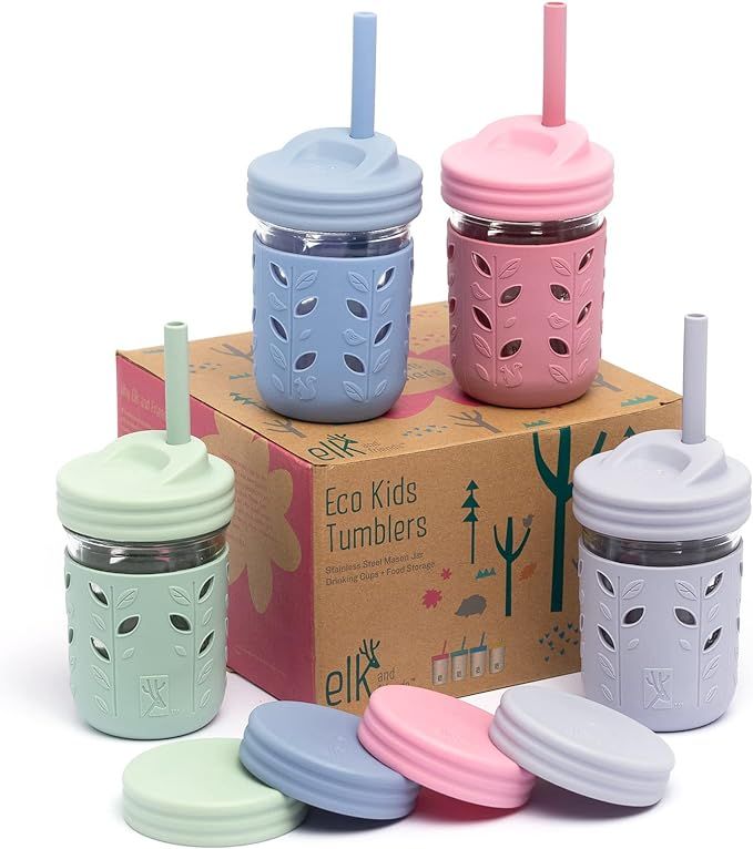 Elk and Friends Kids & Toddler Cups | The Original Glass Mason jars 8 oz with Silicone Sleeves & ... | Amazon (US)