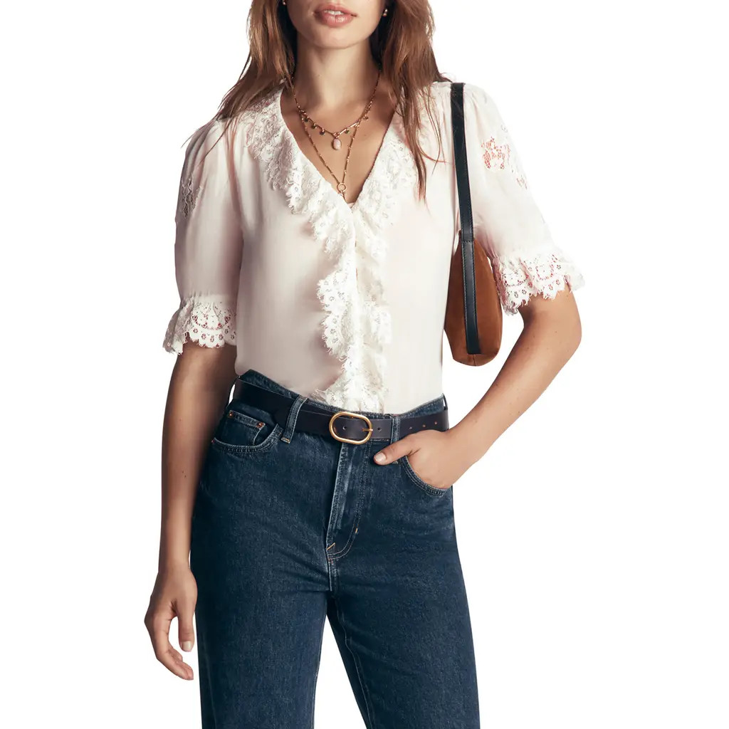 Boden Ruffle V-Neck Lace Top in Ivory at Nordstrom, Size 14 | Nordstrom