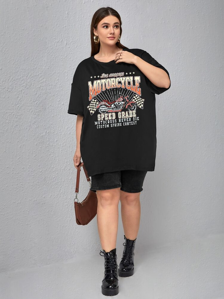 Plus Letter & Motorcycle Print Drop Shoulder Tee | SHEIN