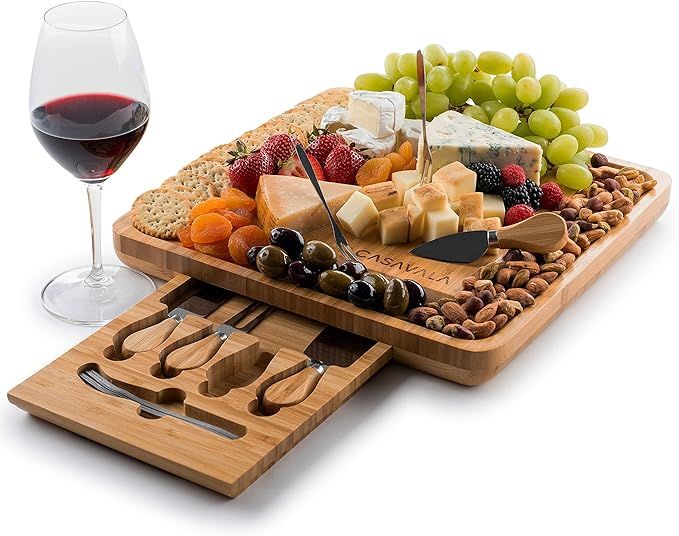 Bamboo Cheese Board Set - Includes 4 Cheese Knives & 10 Cheese Forks- Charcuterie Board Set, Frui... | Amazon (US)