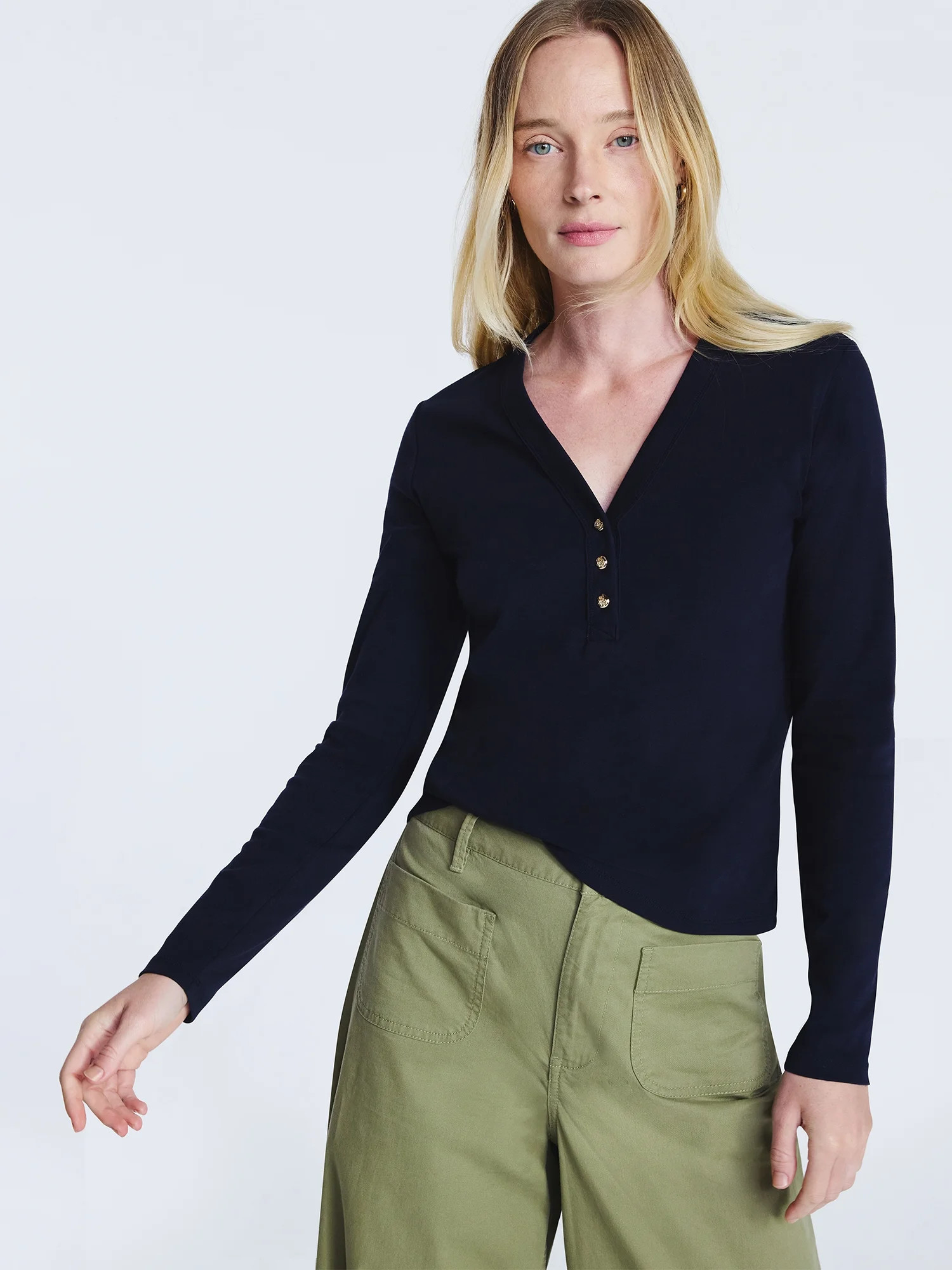 Free Assembly Women's V-Neck Henley with Long Sleeves, Sizes XS-XXL | Walmart (US)