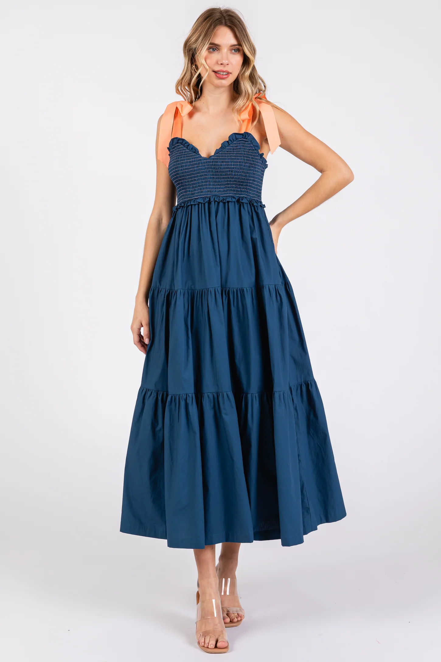 Navy Blue V-Neck Smocked Satin Tie Midi Dress | PinkBlush Maternity