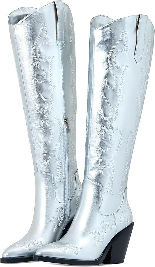 Erocalli Cowboy Boots for Women Cowgirl Knee High Boots Metallic Pull On Almond Toe Boots Embroid... | Amazon (US)