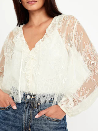 Long-Sleeve Lace V-Neck Lined Top | Old Navy (US)