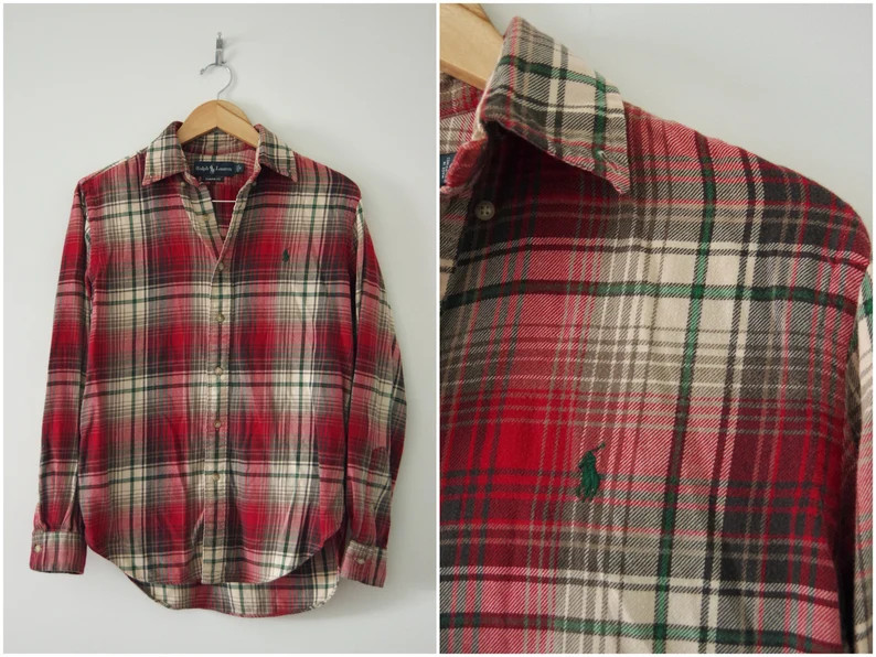 1990s Ralph Lauren Red White Green Plaid Button Down Flannel Shirt Size S | Etsy (US)