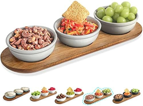Artena 12 oz Solid Ceramic Chip and Dip Serving Set with Acacia Wooden Tray, 5-inch Grey Dipping Bow | Amazon (US)