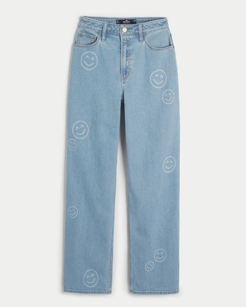 Ultra High-Rise Medium Wash Smiley Print Dad Jeans | Hollister (US)