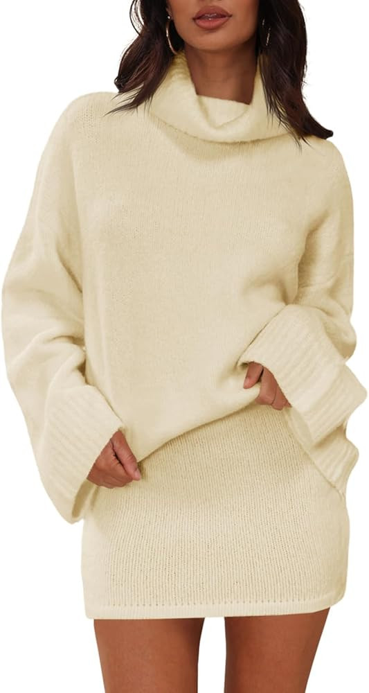 Langwyqu Womens 2 Piece Outfits Sweater Sets Turtleneck Oversized Sweaters and Mini Skirts Fall W... | Amazon (US)