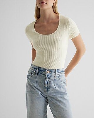 Ribbed Scoop Neck Short Sleeve Sweater | Express