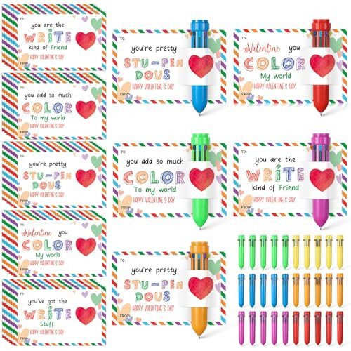 Sabary 30 Set Valentines Day Card and Multicolor Pen Gift Greeting Card and Retractable Multicolored Pen for Kids School Valentine's Day Student Classroom Exchange Gift Party Favor (Multicolor,10-in-1) | Amazon (US)
