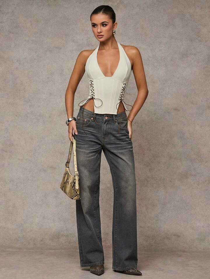 SHEIN BAE Women's Solid Color Keyholes Lace-Up Neck Backless Camisole | SHEIN