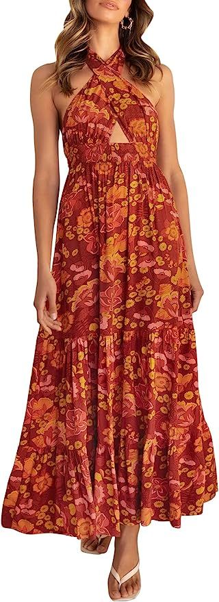 ZESICA Women's Summer Crossover Halter Neck Sleeveless Plaid Cut Out Backless Flowy A Line Maxi D... | Amazon (US)