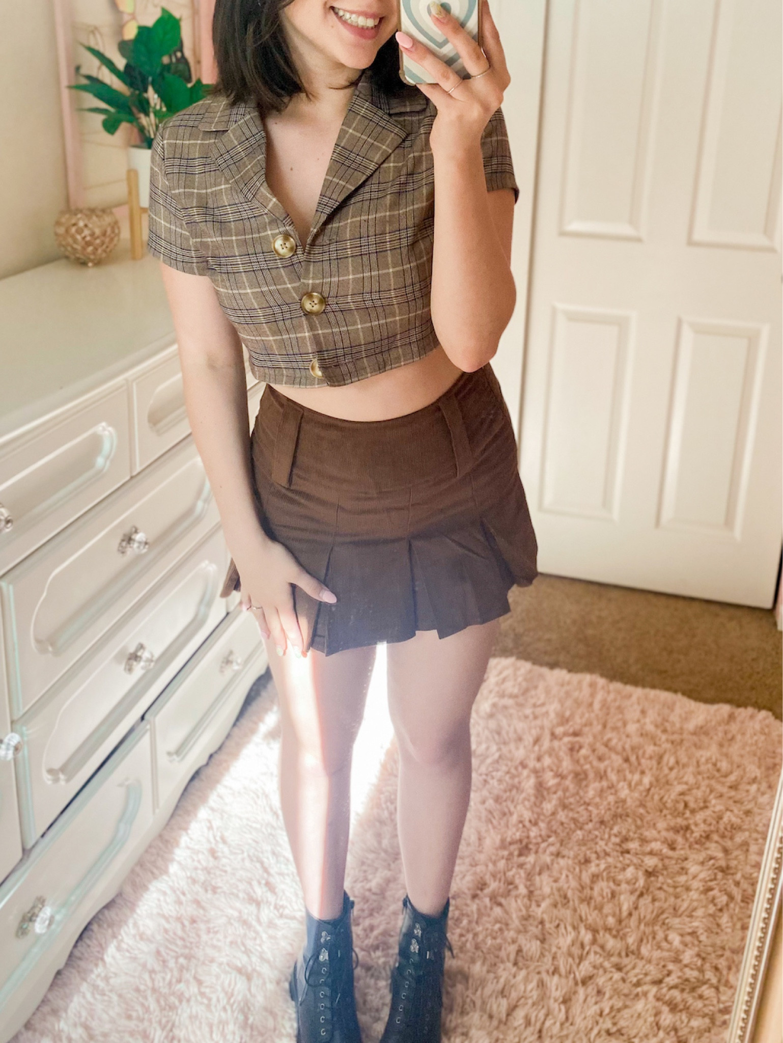This fall outfit gives such a Pinterest aesthetic! The skirt is literally perfect to wear with any fall look! // fall outfits, fall outfits 2022, fall fashion, fall fashion 2022, fall clothes, fall clothing, fall outfit inspo, fall outfit ideas, fall looks, fall style, fall trends, fall transition, fall clothes womens, fall capsule, fall capsule wardrobe, fall essentials, fall inspo, casual fall outfits, fall outfits, early fall outfit, fall transition outfits, casual outfits, skirt outfits, mini skirt outfits, clean girl aesthetic, preppy outfits, preppy outfit inspo, target fall fashion, target fall shoes, target shoes, target boots, doc marten dupes, black combat boots outfits


#LTKstyletip #LTKSeasonal #LTKsalealert