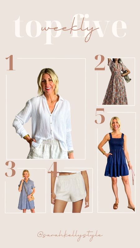 Top five best sellers including my favorite button down for summer, maxi dress, tshirt dress, linen shorts and a cotton dress 

#LTKstyletip #LTKFind #LTKSeasonal