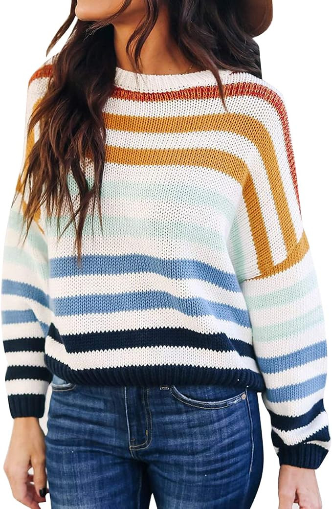 ZESICA Women's 2024 Fall Long Sleeve Crew Neck Striped Color Block Casual Loose Knitted Pullover ... | Amazon (US)