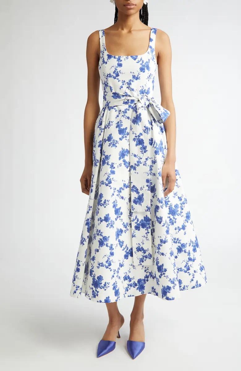 Carolina Herrera Floral Print Belted Faille Midi Dress | Nordstrom | Nordstrom