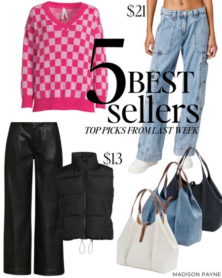 Last week’s best sellers 🥰 best sellers include a checkered sweater (fits tts), cargo jeans (fit tts), faux leather trousers (also come in brown), a puffer vest (also comes in pink), and a great tote you can even take to the office 

#LTKstyletip #LTKunder50 #LTKSeasonal