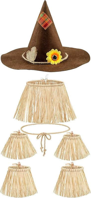 7 Pieces Scarecrow Costume Set Include Raffia Scarecrow Straw Kit Scarecrow Hat for Halloween Harves | Amazon (US)