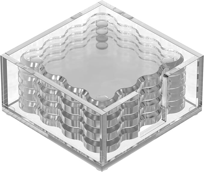 Square Scalloped Acrylic Drink Coaster Set 4‑Pack with Square Holder (Clear) | Amazon (US)