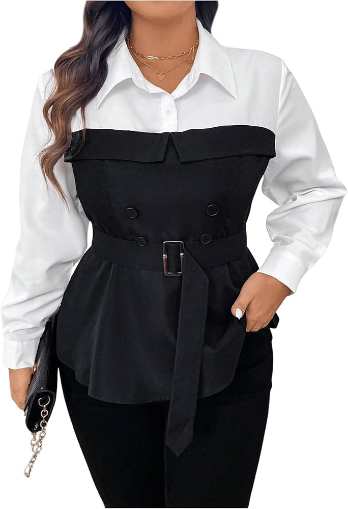 MakeMeChic Women's Plus Size Color Block Long Sleeve Collared Belted 2 in 1 Blouse Shirt Tops | Amazon (US)