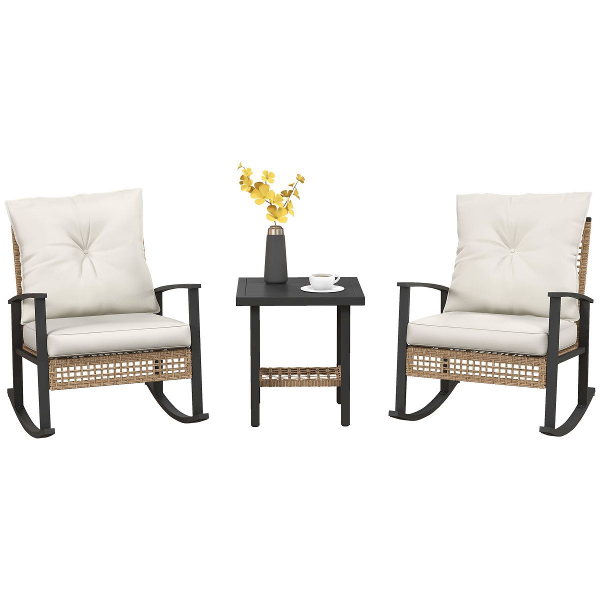 Outsunny 3 Piece Patio Bistro Set, Wicker Furniture Set with Button Tufted Cushions, Rattan Rocki... | Target