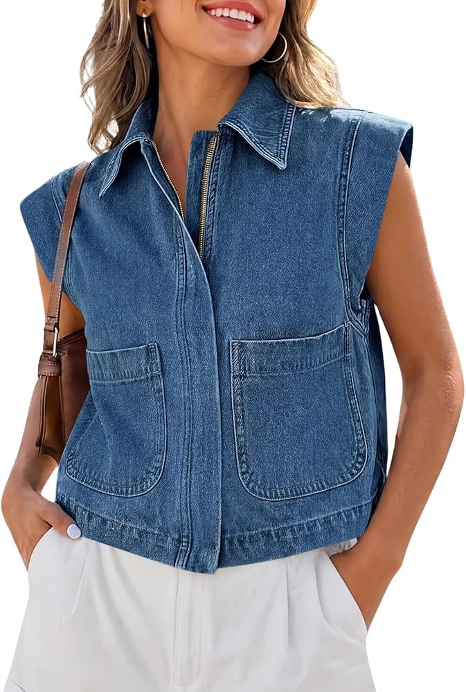 Tankaneo Womens Zip Up Denim Vest Top Summer Cap Sleeve Cropped Jean Vests Jacket Trendy Casual S... | Amazon (US)