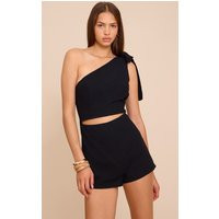 Black Linen Look One Shoulder Romper | PrettyLittleThing US