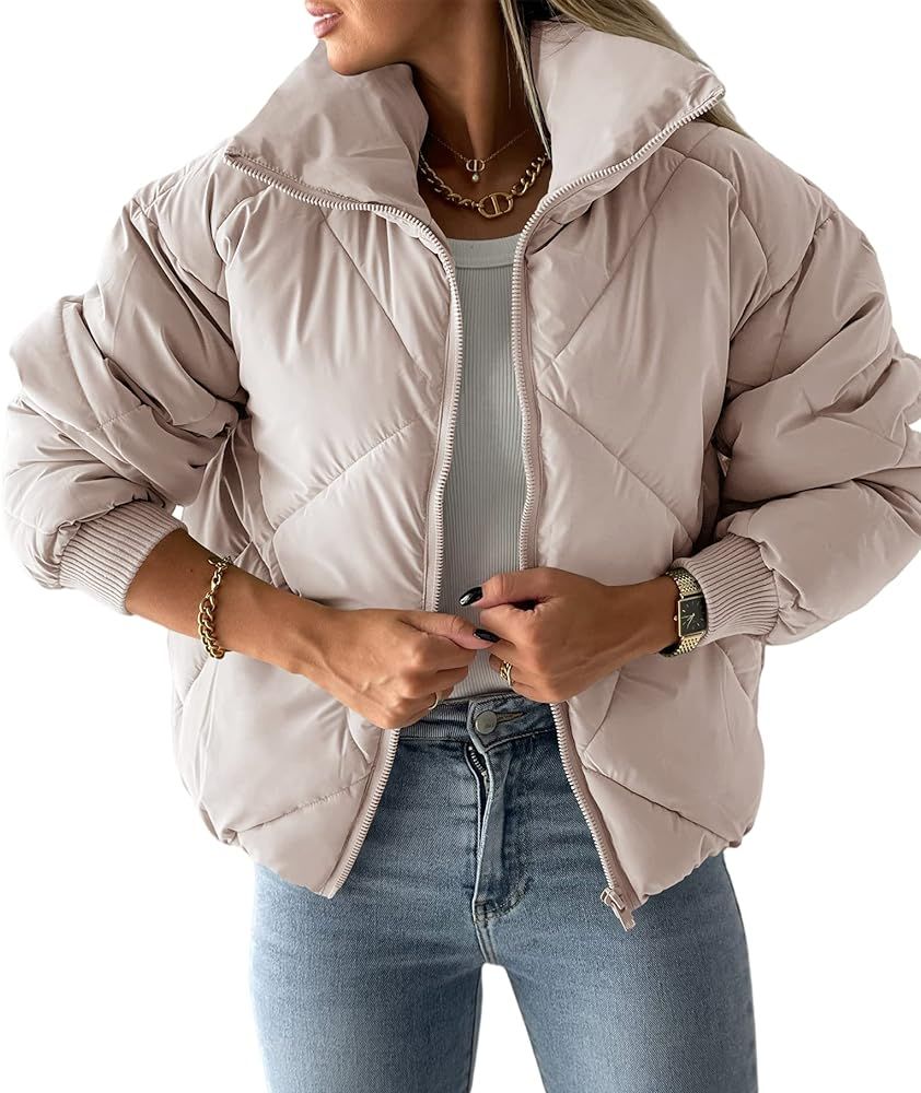 Newffr Womens Quilted Cropped Puffer Jacket Long Sleeve Full Zipper Pocketed Warm Short Bubble Coats | Amazon (US)