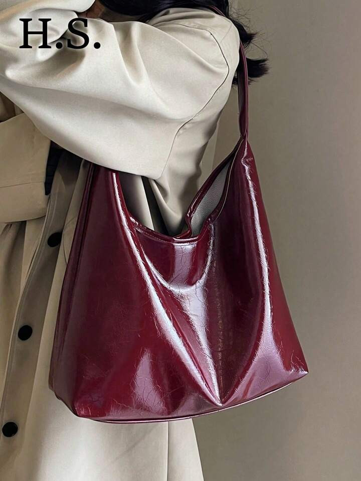 Fashionable Minimalist Large Capacity Shoulder Tote Handbag, Trendy Soft Leather Casual Women's Bag, Retro Glossy Leather Burgundy Suitable For Women's Daily Use, Fashionable Burgundy Bag | SHEIN