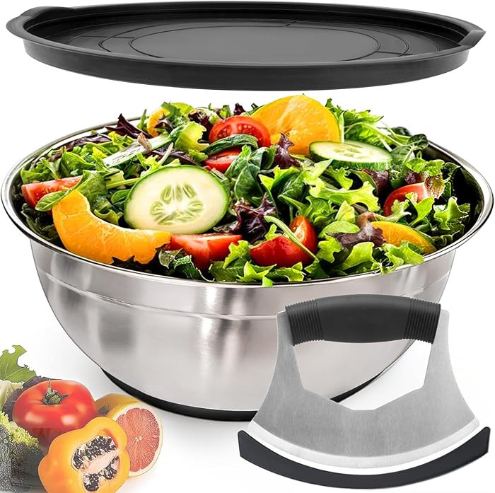 Salad Chopper Bowl - Stainless Steel Salad Chopping Bowl, Sala d Chopper Bowl and Cutter with Lid... | Amazon (US)