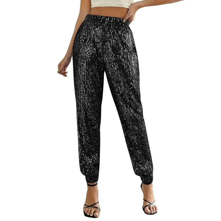 successthop Sequin Joggers for Women Sparkly Party Loose Causal Pants Elastic Pants Solid Trendy ... | Walmart (US)
