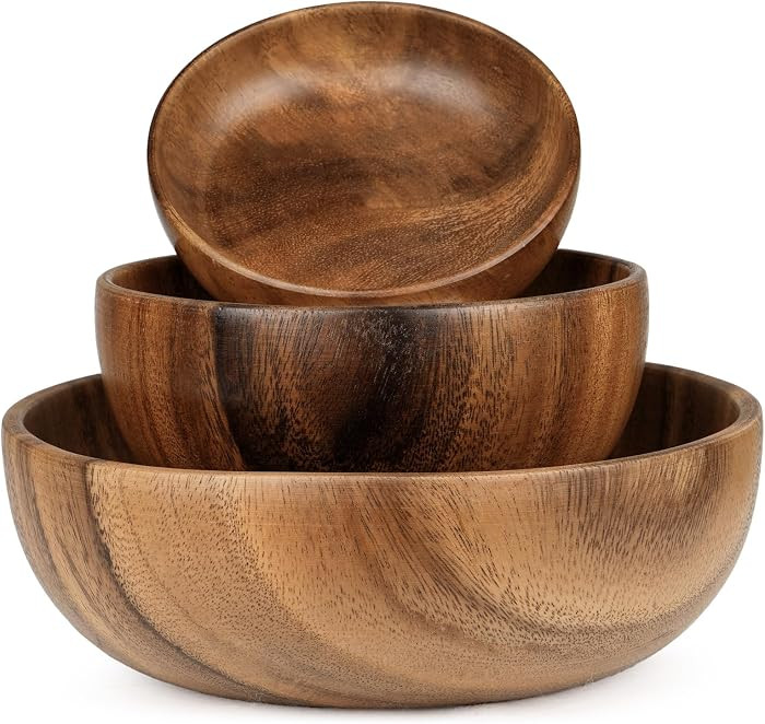 GleeNflux Acacia Wood Salad Bowl Set, 3-Piece Natural Solid Wood Serving Bowls, Handcrafted & Hand-Polished, Wooden Salad Bowls for Kitchen & Dining for Pasta, Yogurt, Fruit, Snacks & Gift Giving | Amazon (US)