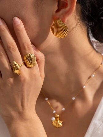 Uworld 1 stuk 18K Vergulden Schelp Textuur Stud oorbel & Zeester Schelpen vorm Kettingen | SHEIN