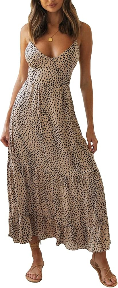 Women Print Dress Criss Cross Backless Swing Midi Dress Tie Back Maxi Long Bodycon Dress Vintage ... | Amazon (US)