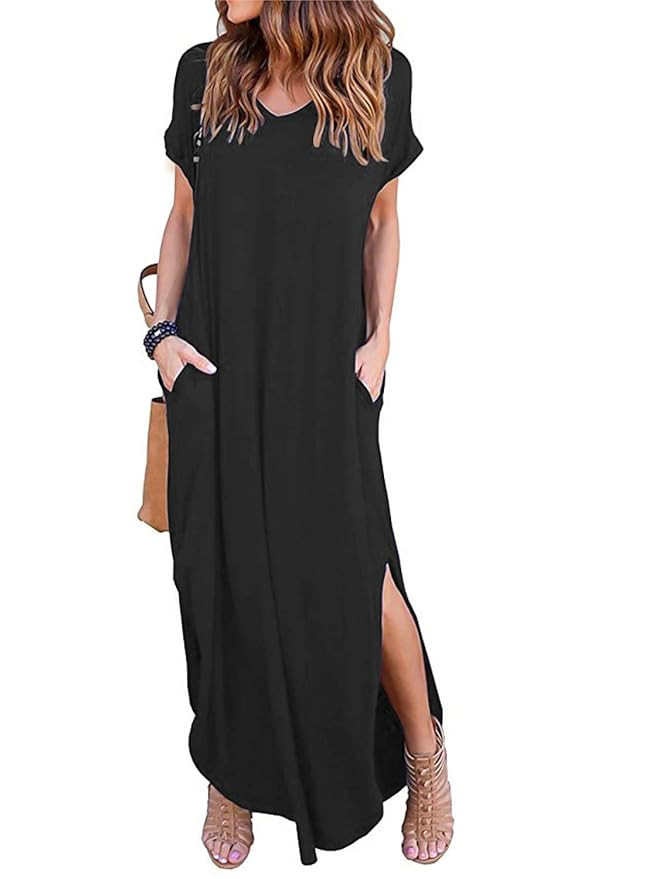 Women's Short Sleeve V Neck Pocket Casual Side Split Beach Long Maxi Dress | Amazon (US)