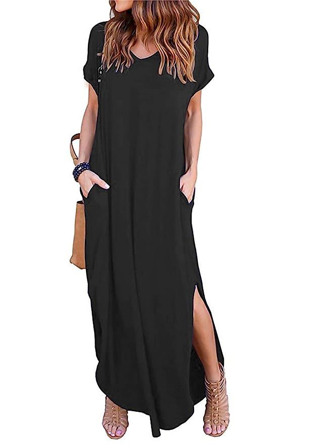 Women's Short Sleeve V Neck Pocket Casual Side Split Beach Long Maxi Dress | Amazon (US)