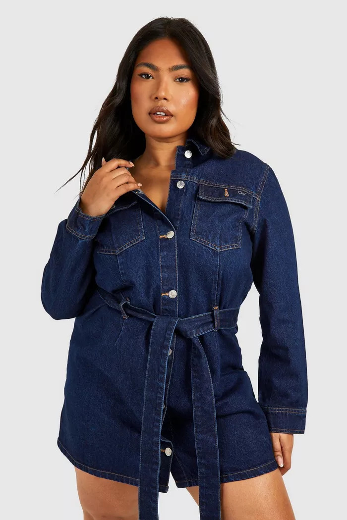 Plus Denim Tie Belt Shift Dress | boohoo (US & Canada)