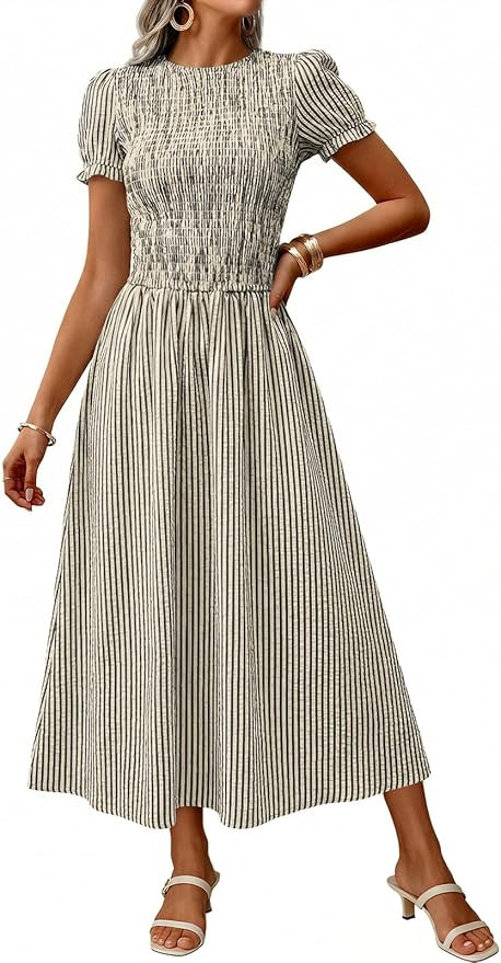 Womens Summer Casual Smocked Midi Dress 2026 Puff Short Sleeve Crewneck A Line Vacation Beach Max... | Amazon (US)