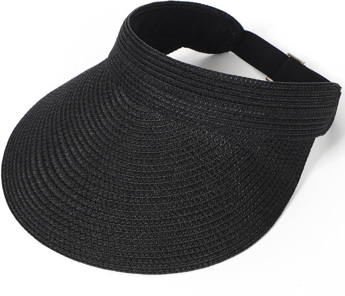 Womens Beach Straw Sun Visor Hat Ponytail Hole UV Protection Wide Brim Summer Cap Packable for Tr... | Amazon (US)