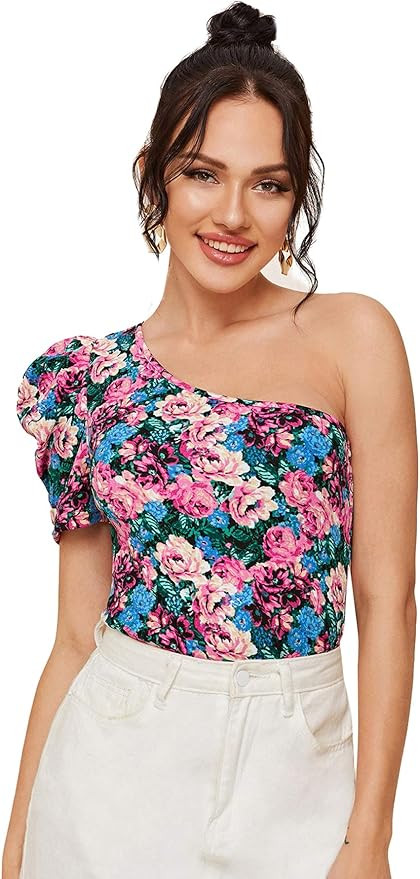 SOLY HUX Women's One Shoulder Puff Short Sleeve Printed Crop Top Blouse | Amazon (US)