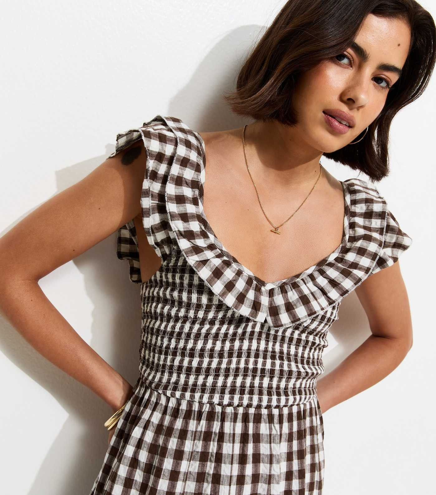 Brown Cotton Gingham Ruffled Neck Midi Dress | New Look | New Look (UK)