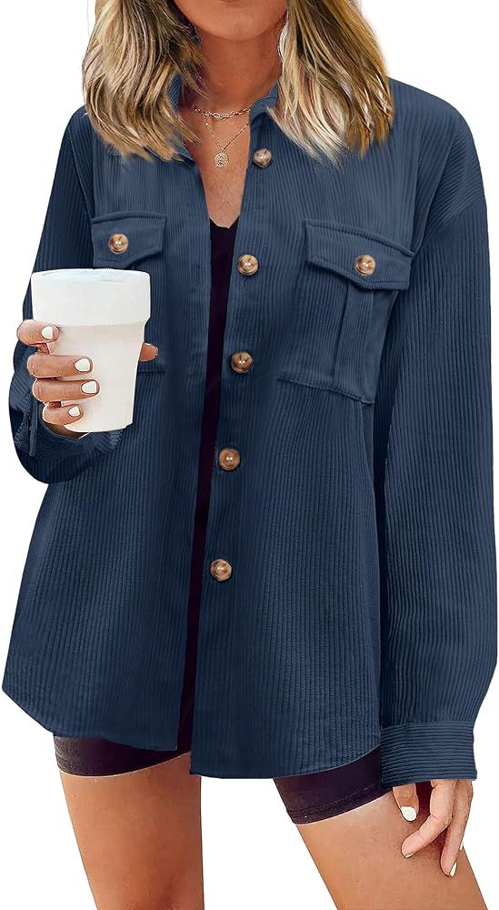 Beyove Women's Corduroy Shirt Long Sleeve Button Down Shacket Jacket Casual Oversized top with Po... | Amazon (US)