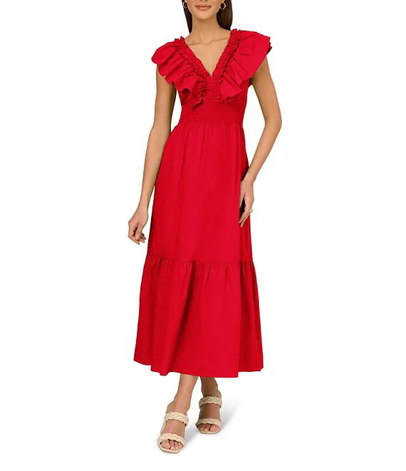 Adrianna by Adrianna Papell Ruffle V-Neck Smocked Waist Sleeveless Midi Dress | Dillard's