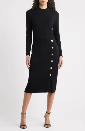 Julia Jordan Button Mock Neck Long Sleeve Midi Dress in Black at Nordstrom Rack, Size X-Small | Nordstrom Rack