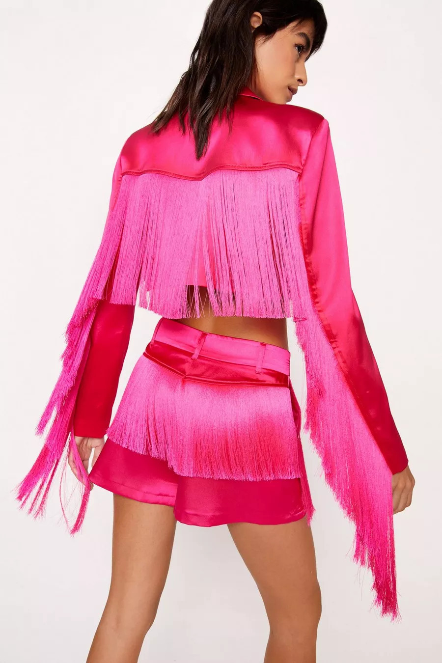 Premium Fringe Bonded Two Piece Satin Cropped Blazer | Nasty Gal (US)